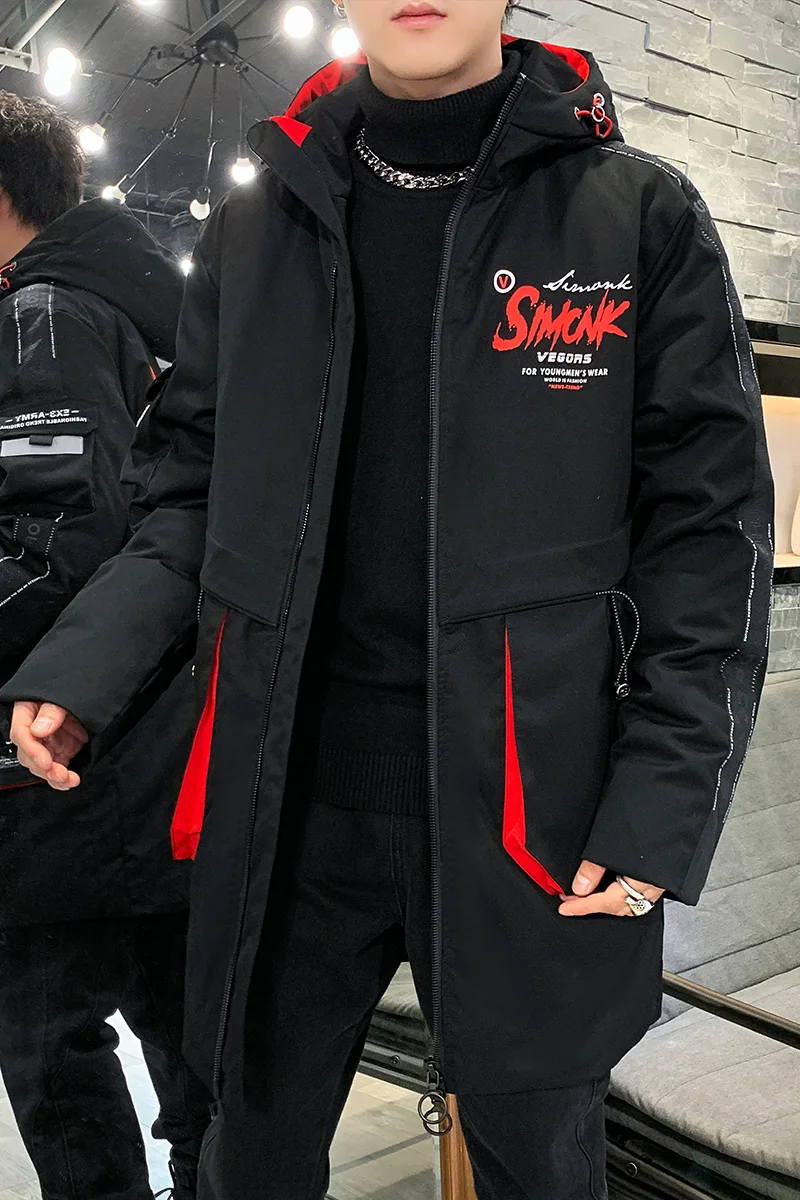 Down jacket for men winter new fashion trend letter print hooded for men 90% white duck down medium and long warm thick coat