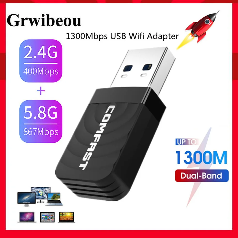 

Мини-адаптер Wi-Fi Grwibeou, 1300 Мбит/с, 5,8/2,4 ГГц