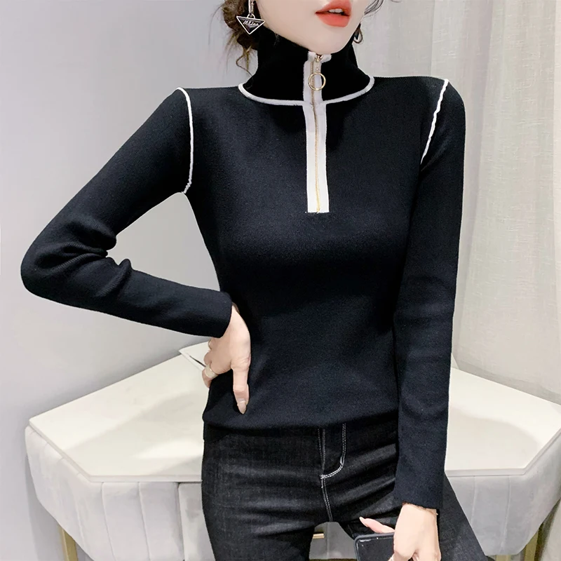 

Fall Winter Knit Turtleneck Sweater Korean Clothes Women Chic Color Blocking Zipper Long Sleeve Bottoming Shirt