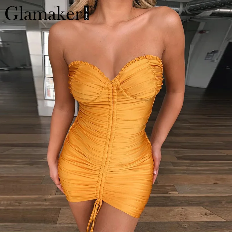 Женское плиссированное платье мини без бретелек Glamaker летнее облегающее короткое