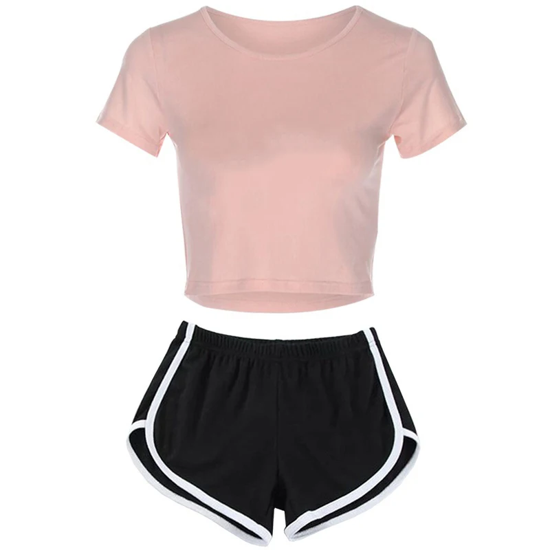 

Casual Women Summer Two Piece Set Women Clothing Solid Color Breathable Crop Tops +Shorts Sets Suit Vetement Femme Outfit
