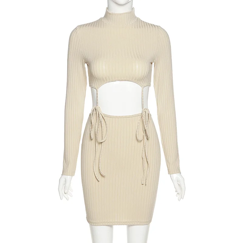 

Imcute Sexy Woman Dress Autumn 2020 New Clubwear Ribbed Knitted Hollow Out Lace Up Turtleneck Long Sleeve Bodycon Mini Dress