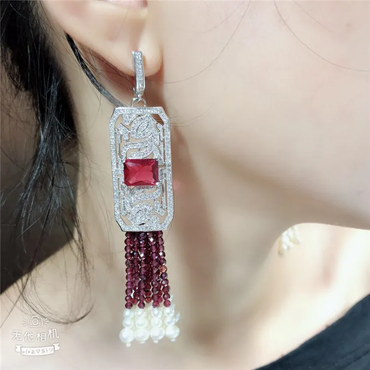 

3.5" White Pear with Red chalcedony CZ Micro Pave Silver Plated Red Crystal Lever back Earrings