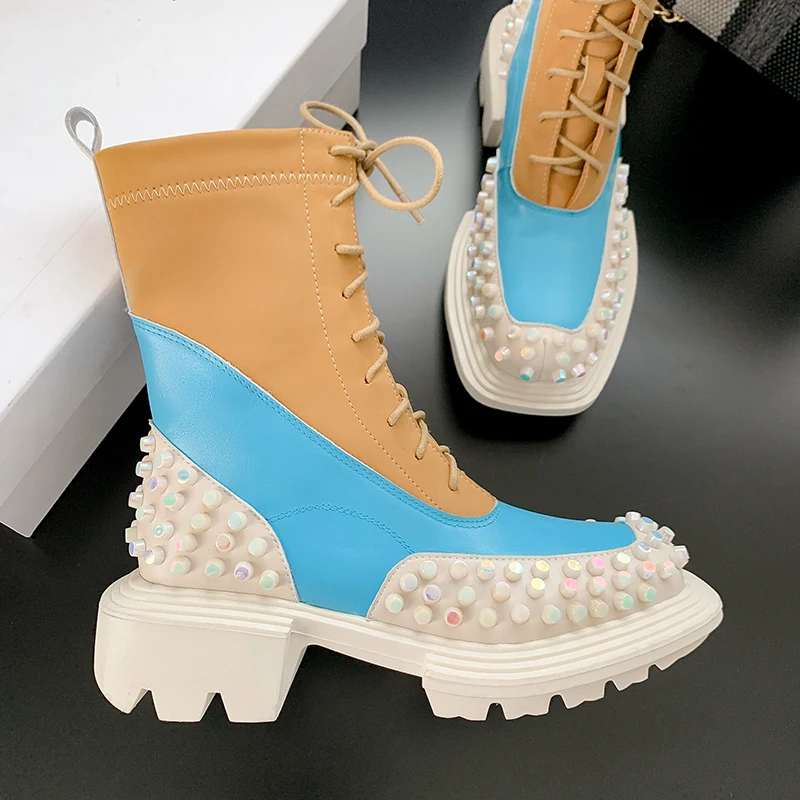 

Rivet Short Boots Women Real Leather Motorcycle Boots Platform Lace-Up Nude Boots Winter Round Toe Thick Bottom Punk Shoes Woman