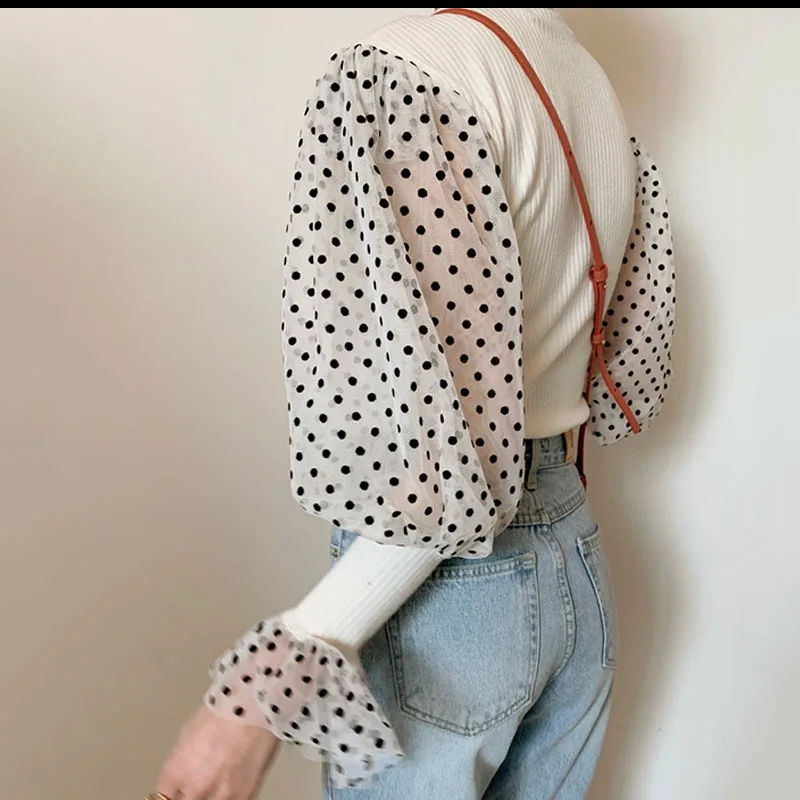 

Knitted Patchwork Dot Mesh Blouse Tops Korean Flare Long Sleeve O-neck Blusas Femme 2021 Spring New Chic Shirts