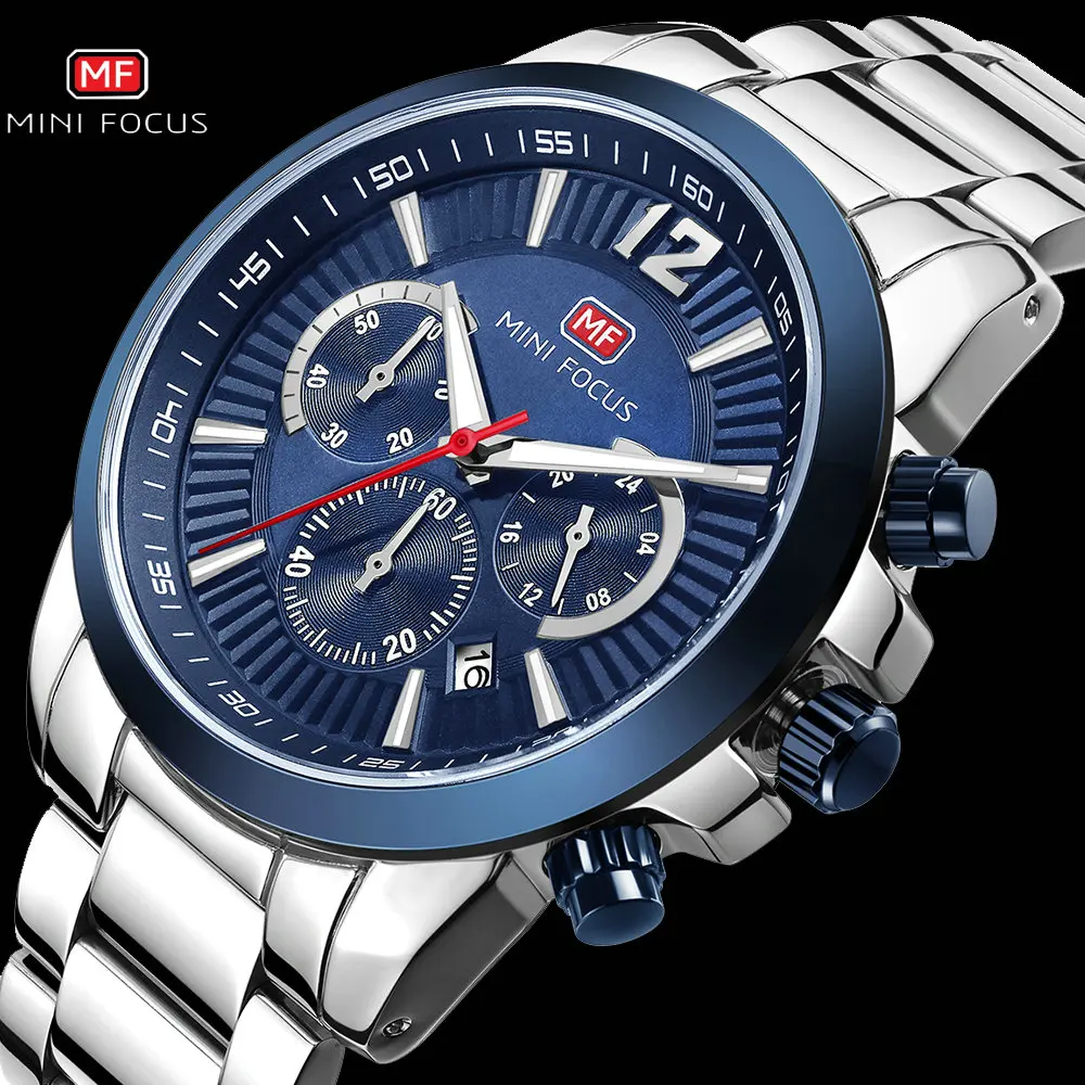 

Модные мужские кварцевые часы MINI FOCUS, водонепроницаемые часы с хронографом и ремешком из нержавеющей стали, роскошные Брендовые Часы Relogio ...