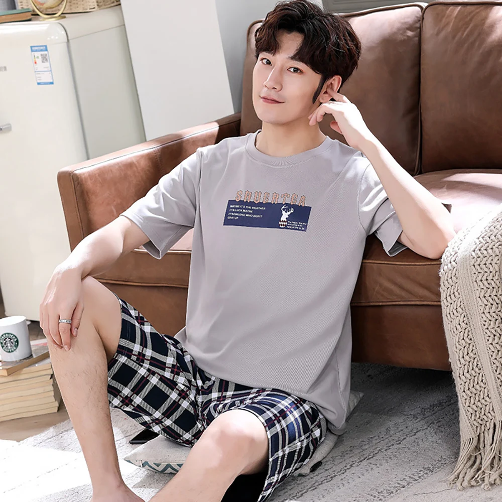 Summer 100% Cotton Pajamas for Men Fashion Letter Print Sleepwear Casual Thin Pajamas With Plaid Shorts Breathable Pajama Sets