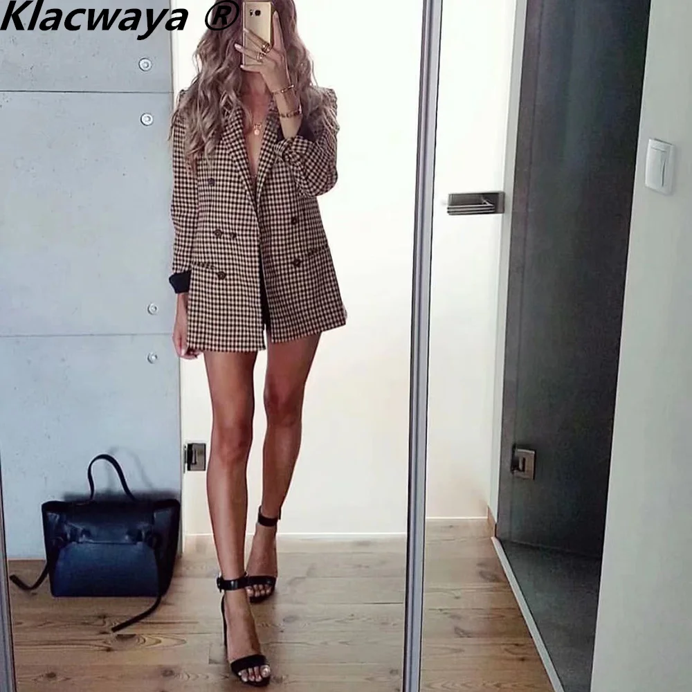 

Клетчатый Блейзер Klacwaya, куртки для женщин 2021, Двубортный повседневный Блейзер, женское клетчатое пальто, офисные женские блейзеры, Женская куртка