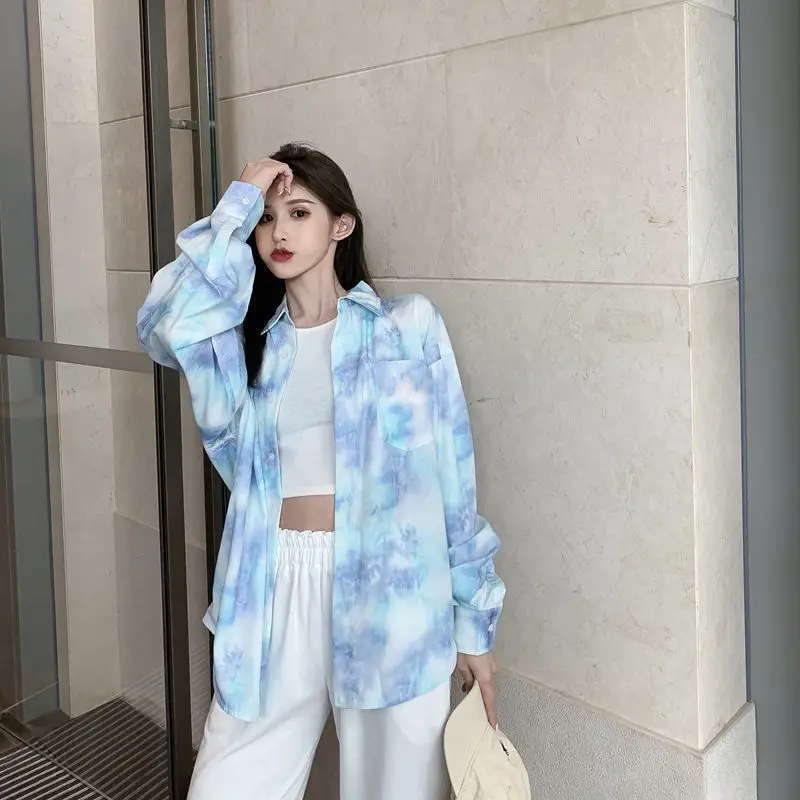HOUZHOU Shirts Women Harajuku Streetwear Plus Size Blouses Hip Hop Korean Fashion Cardigan Blue Pink Top Spring Summer 2021