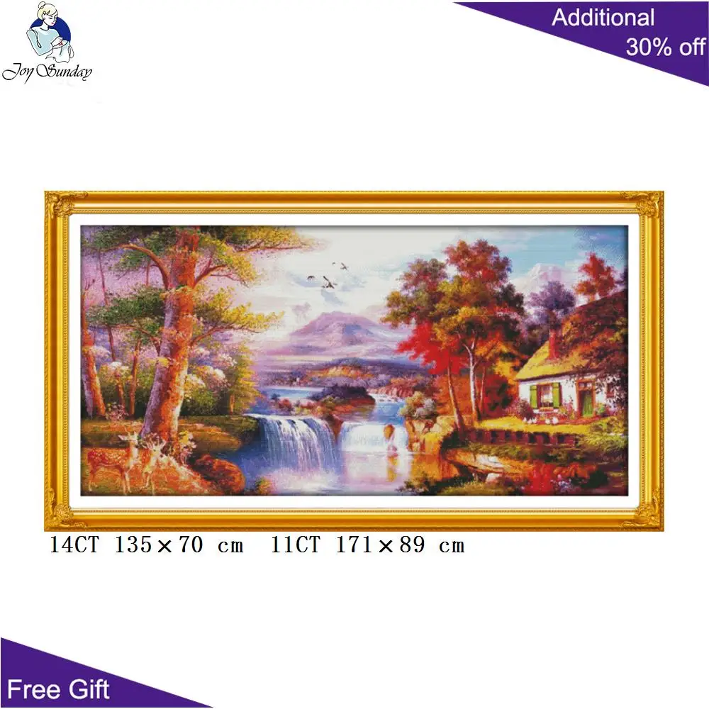 Joy Sunday Золотой пейзаж F451(4)F464(2)F465(1) 14CT 11CT подсчитанный и отпечатанный дом мечты