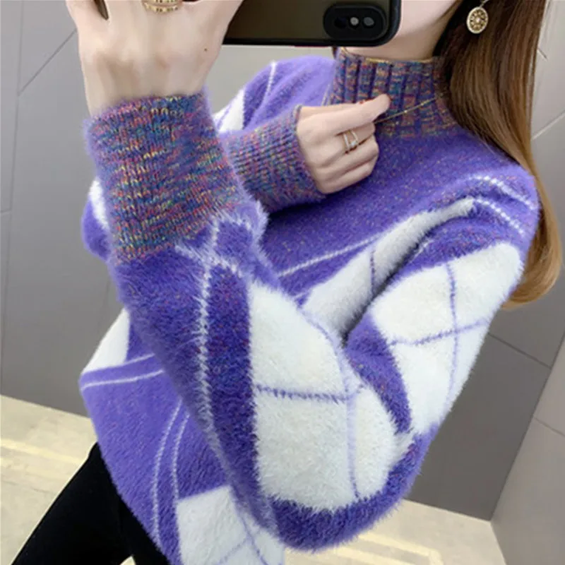 

Pullover Mink Down Sweater Women 2020 New Autumn Winter Fashion Loose Thicken All-Match Half High Collar Knitting Sweater Female