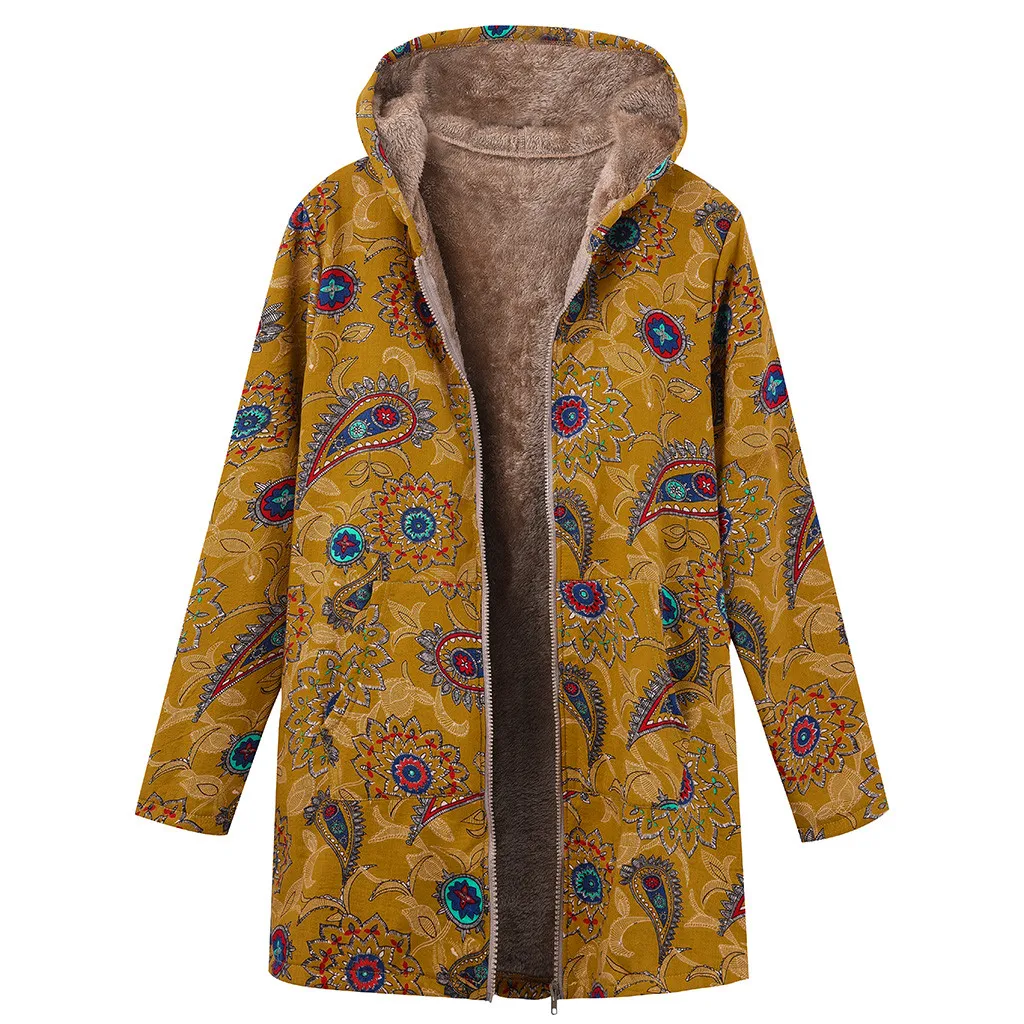 Plus Size Hooded Coats Cotton Winter Jacket Womens Vintage Zipper Ethnic Print Women Fleece And Jackets | Женская одежда