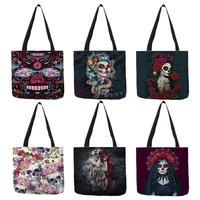 day of the dead floral skull print tote bag handbags for women halloween sugar skull girl shopping bags large capacity b01104