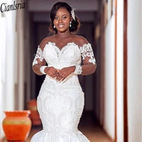 plus size arabic custom made lace beaded mermaid wedding gowns long sleeves sheer neck vintage bridal dresses 2022
