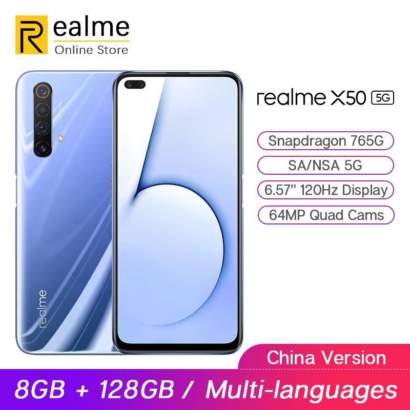 Оригинальный мобильный телефон realme X50 5G 8 Гб 128 ГБ 6 4 дюйма Snapdragon 765G 64MP Quad Cam OPPO VOOC 30