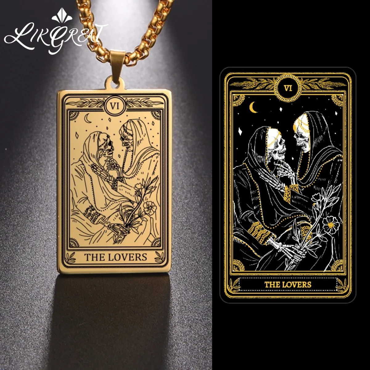 

Gold Gilded Skeleton Marigold Tarot Talisman Couple Skull Hug Necklace for Men Women Major Arcana Amulet Stainless Steel Jewelry