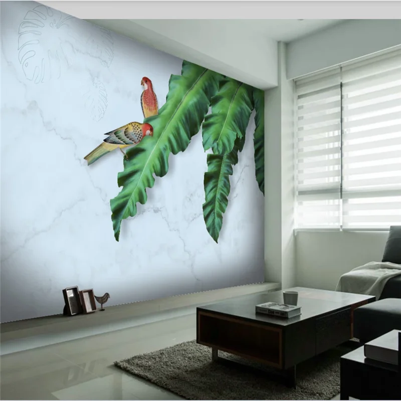 HD Ручная роспись Картина маслом лист тропического растения попугай мраморный