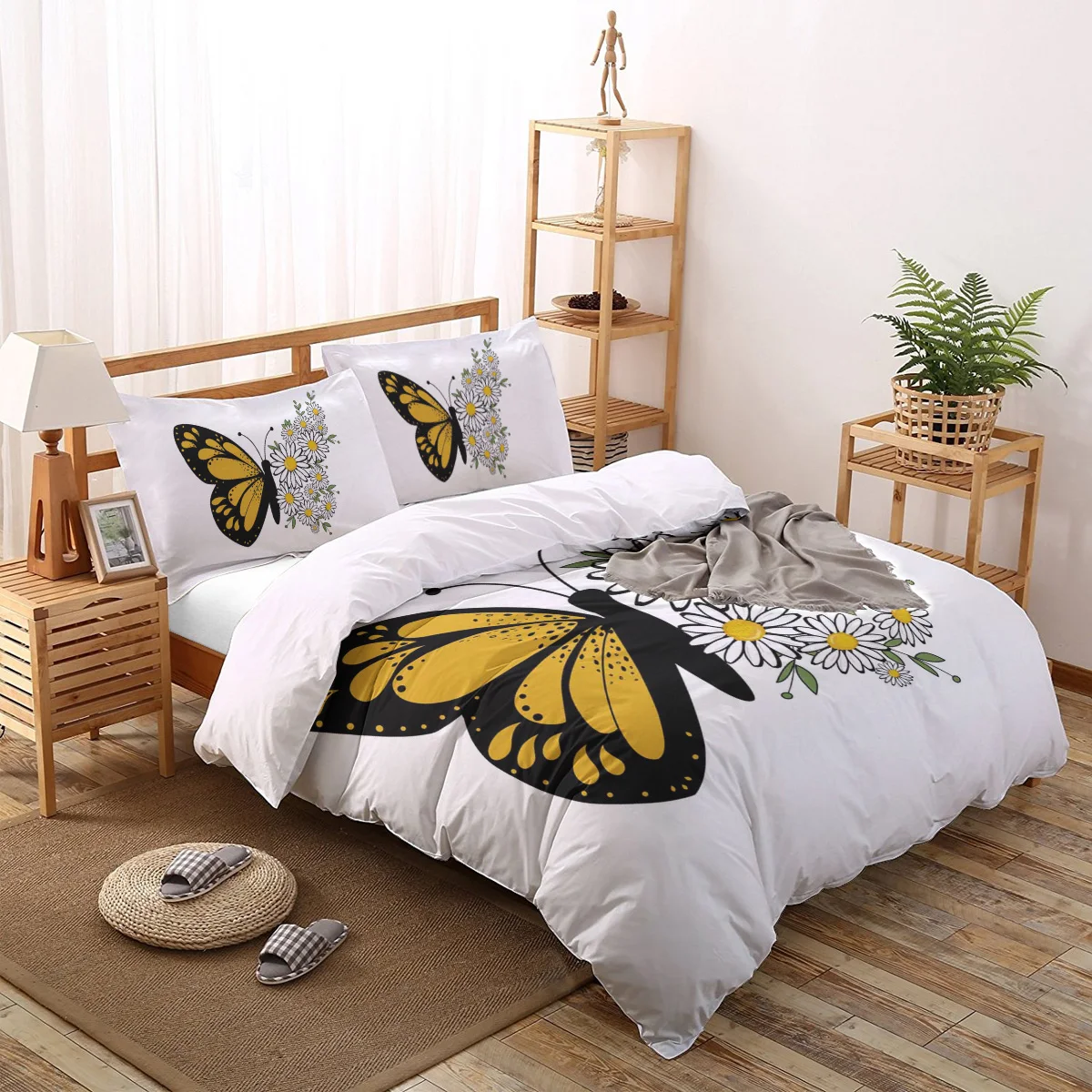 

Flower Daisy Butterfly White Print Comforter Bedding Set Duvet Cover Set Queen King Bed Home Housse De Couette Gift