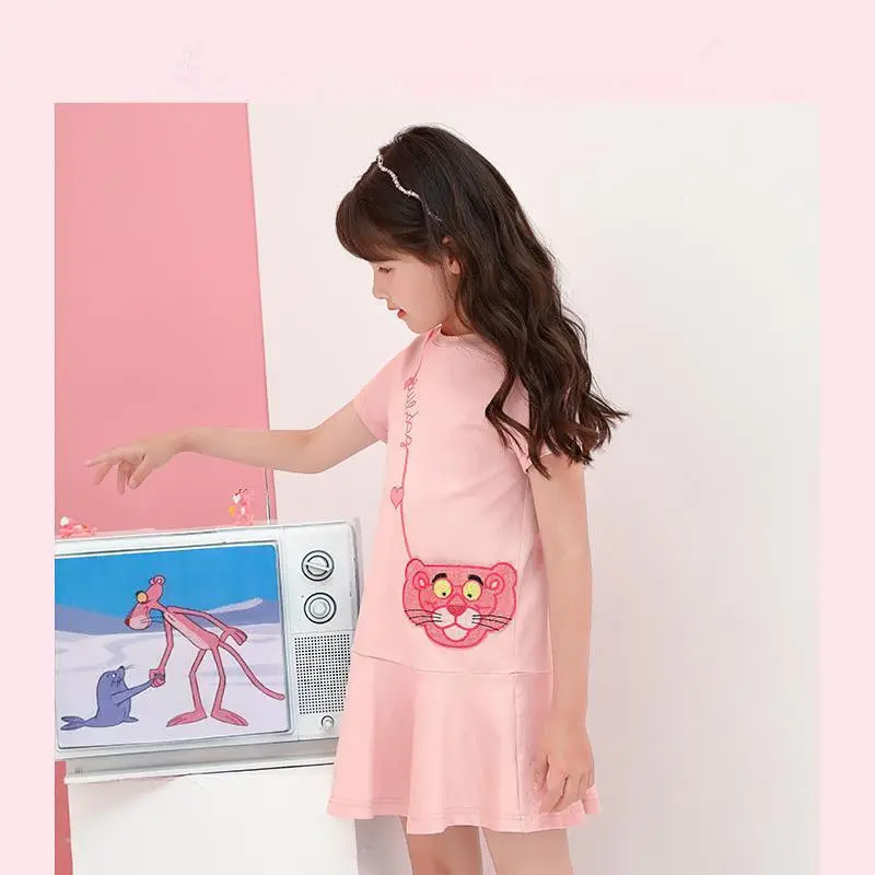 

Korean Kids Short Sleeve Dresses Girls Cartoon Printed Princess Summer Children Lovely Solid Breif Clothing For Baby 4-14 Years