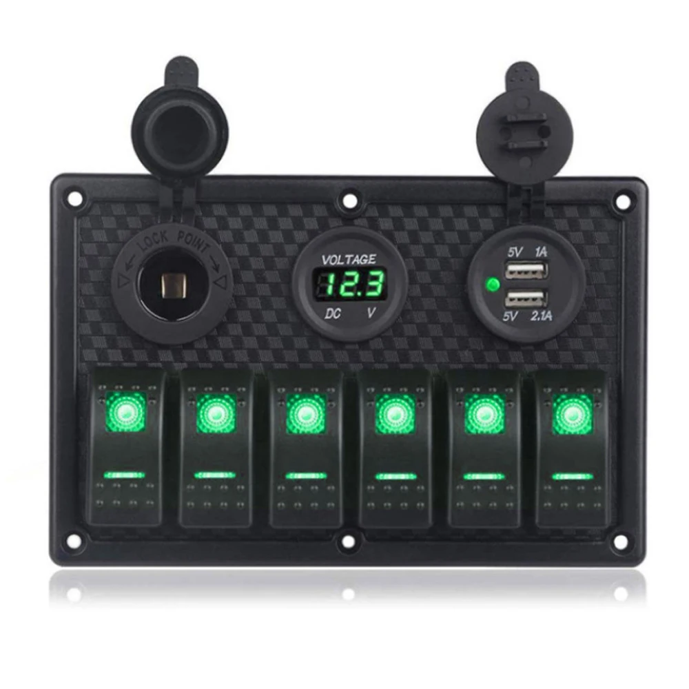 

6 Gang LED Rocker Switch Panel 12/24V Dual USB Slot Socket Digital Voltmeter Voltage For Marine Car RV Vehicles Truck Yacht