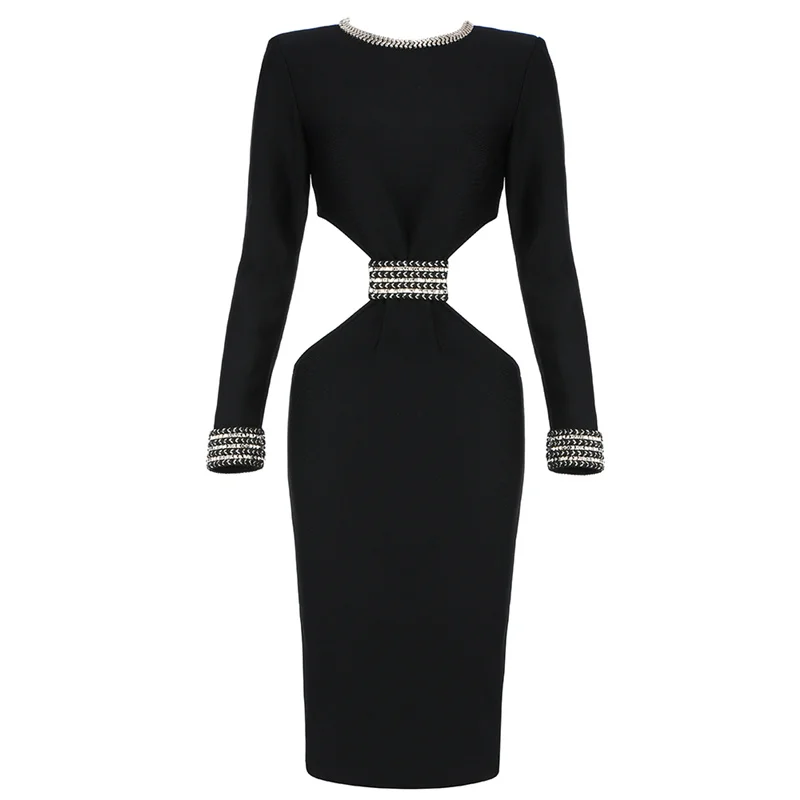 

Bevenccel 2021 New Arrival Black Long Sleeve Bandage Dress Sexy Women O Neck Sequins Waist Cut Out Bodycon Club Party Dress