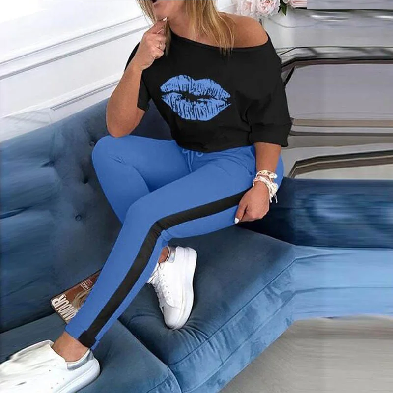 

Summer Women Fashion Lip Printing Long Sleeve O-Neck Tshirt & Pant 2 Piece Set Sports Suit Matching Sets