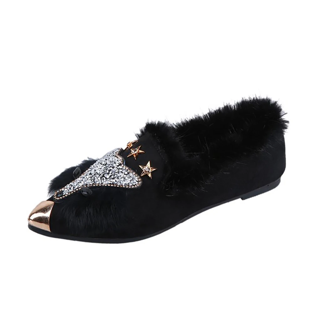 

2021 Fashion Spring Autumn And Winter Fox Head Pointed Plush Warm Soft Women Flat Shoes Women's Single Shoe Moccasins For Women