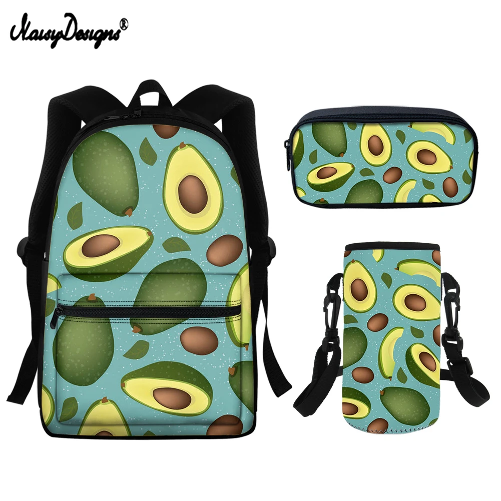 

NOISYDESIGNS Cartoon School Bags Green Fruit Avocado Print Children Canvas School Backpack Set for Teenager Girls Boys Bag Mujer