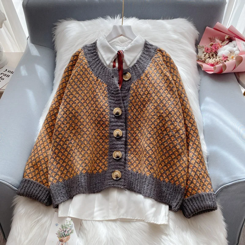 

EBAIHUI Argyle Sweater O Neck Women Button Bird Lattice Vintage Cardigan Autumn Winter Knitted Loose Jumper Leisure Chic Coat