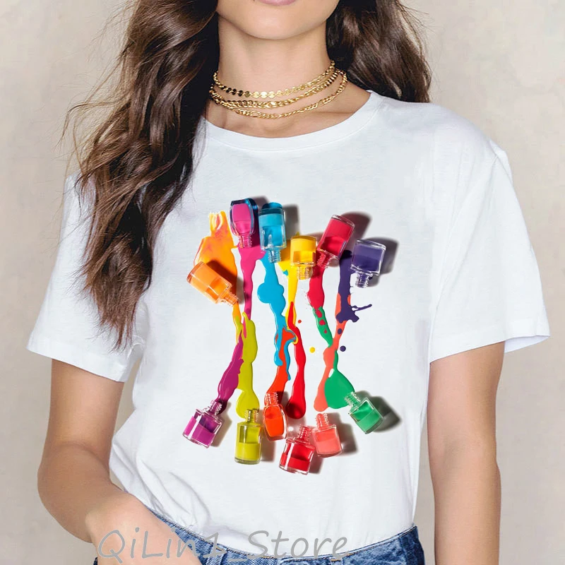 Vogue Rainbow nail polish print tee shirt femme vintage t shirt women clothes summer top female harajuku aesthetic tshirt