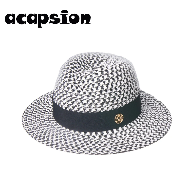 Летняя шляпа от солнца черно белая соломенная с рисунком гусиные лапки Пляжная