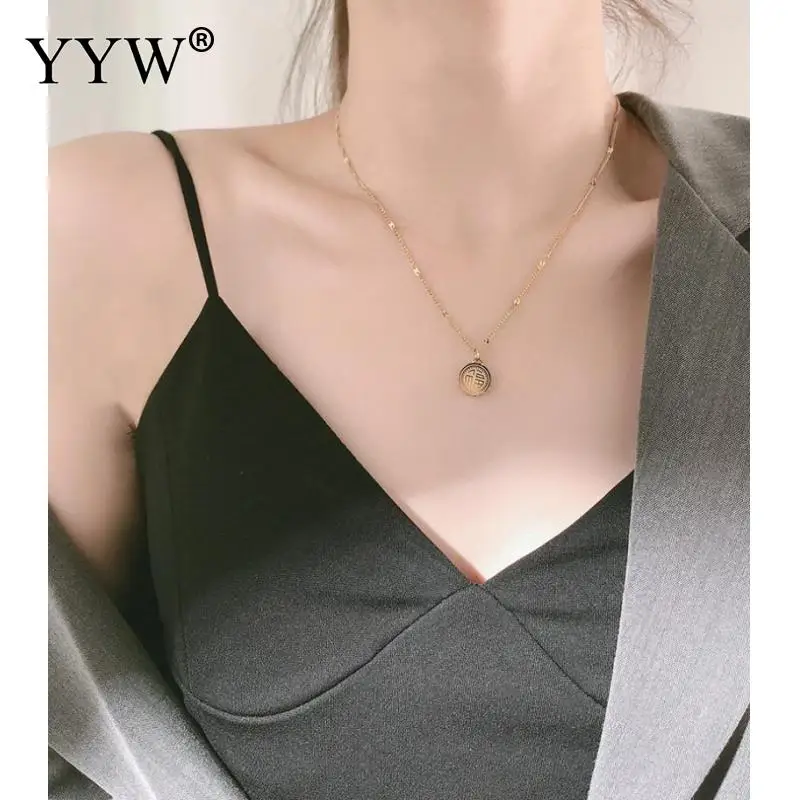 

Ethnic Style Vintage Pendant Necklace Fu Character Pendant Fashion Sense Niche Design Clavicle Chain Length Approx 19.68inch