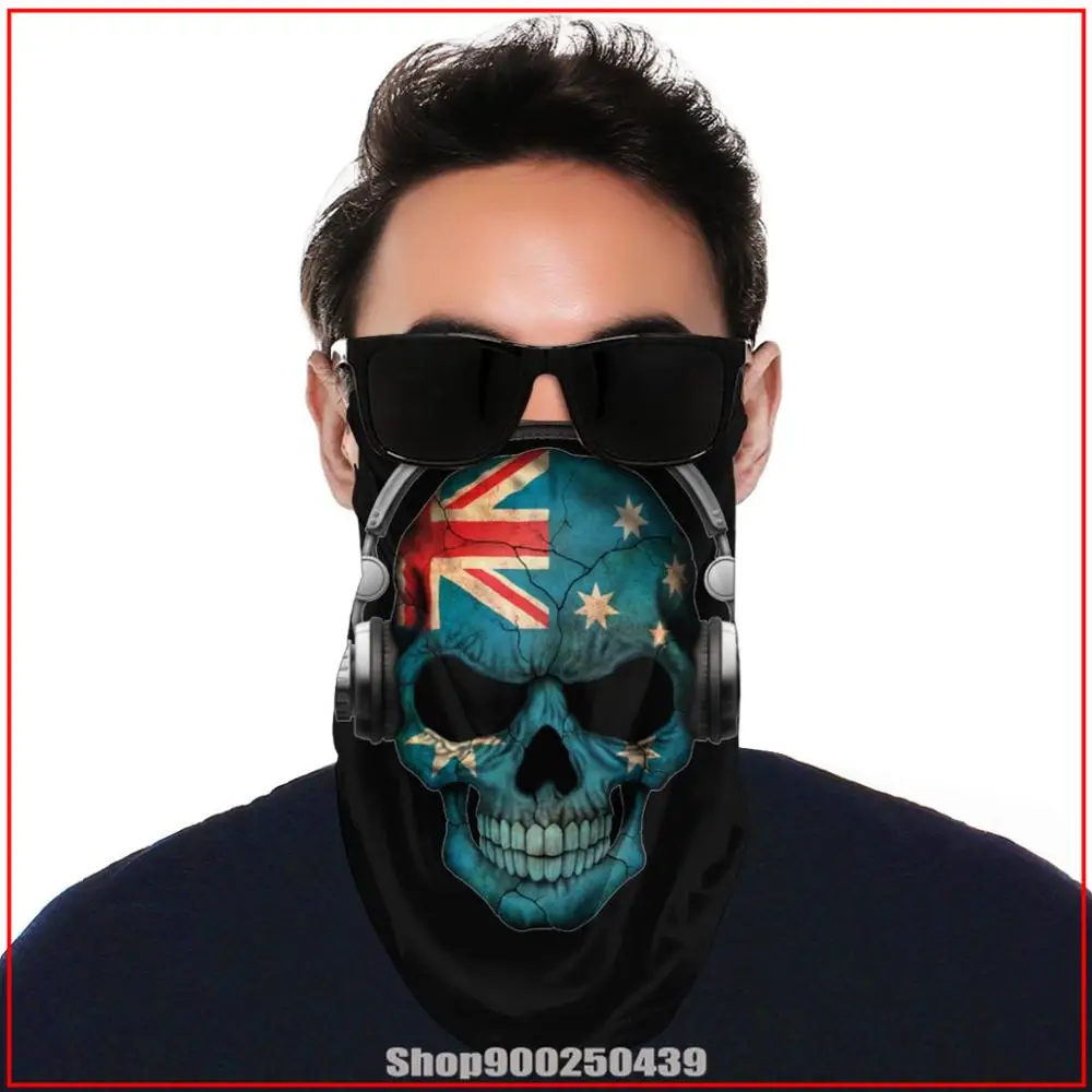 Dark Skull Deejay With Australian Flag bandana scarf DIY adult washable mask bbq menu by michelle bar sewing neck gaiter |