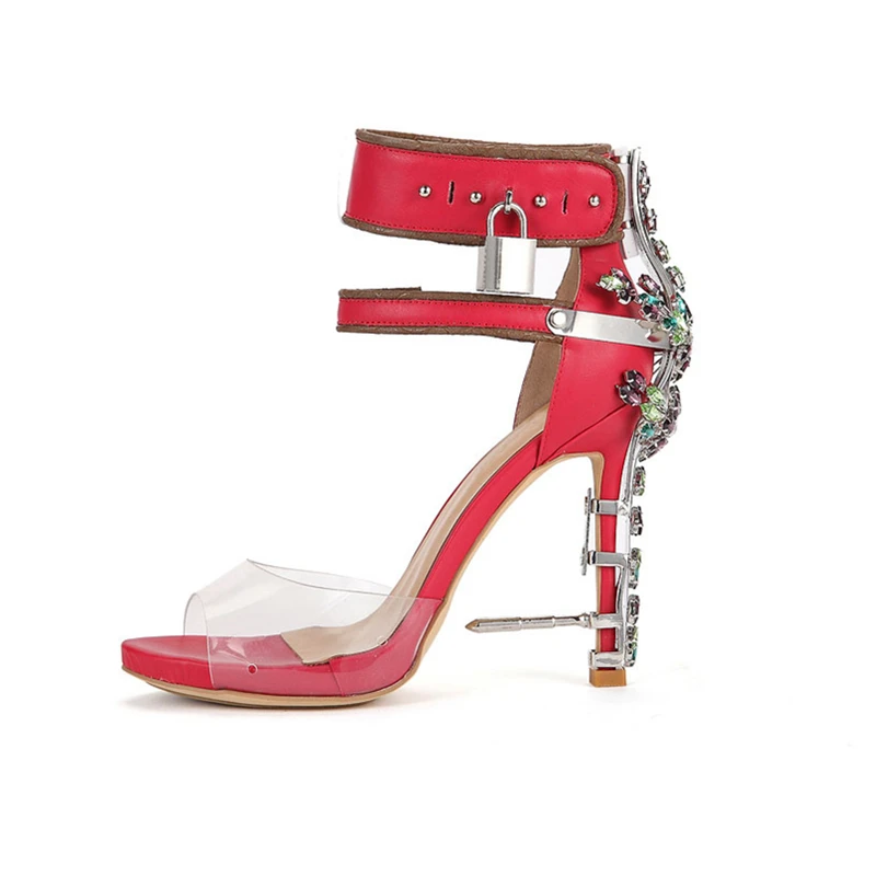 

Transparent PVC Crystal Gladiator Sandals Women Padlock Spiked High Heels Pumps Female Beaded Rihanna Casual Wedding Shoes