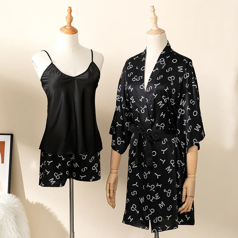 

Sexy Sleewpear 3PCS Pajamas Set Women Satin Loungewear Loose Print Robe Suits With Shorts Faux Silk Pyjama Pour Femme Lingerie