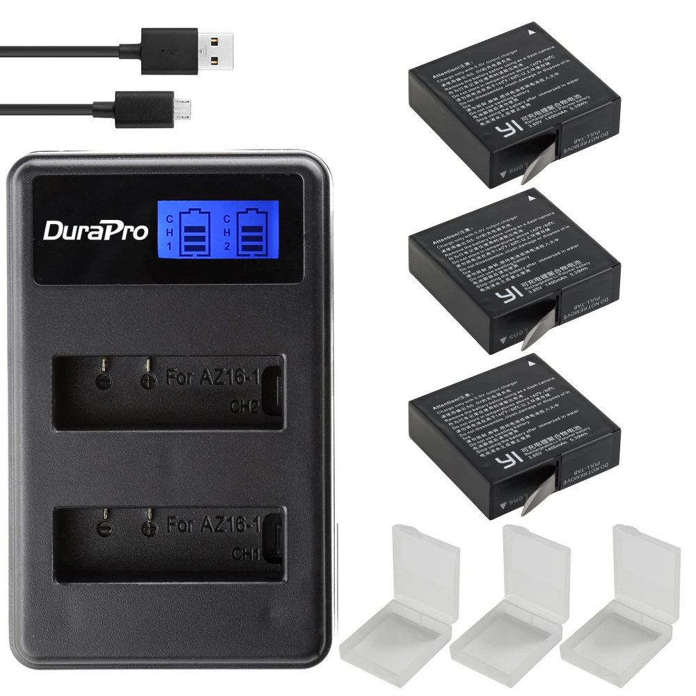 3 шт. AZ16 1 1400mAH литий ионный аккумулятор для Xiao YI 2 + LCD USB зарядное устройство Xiaoyi