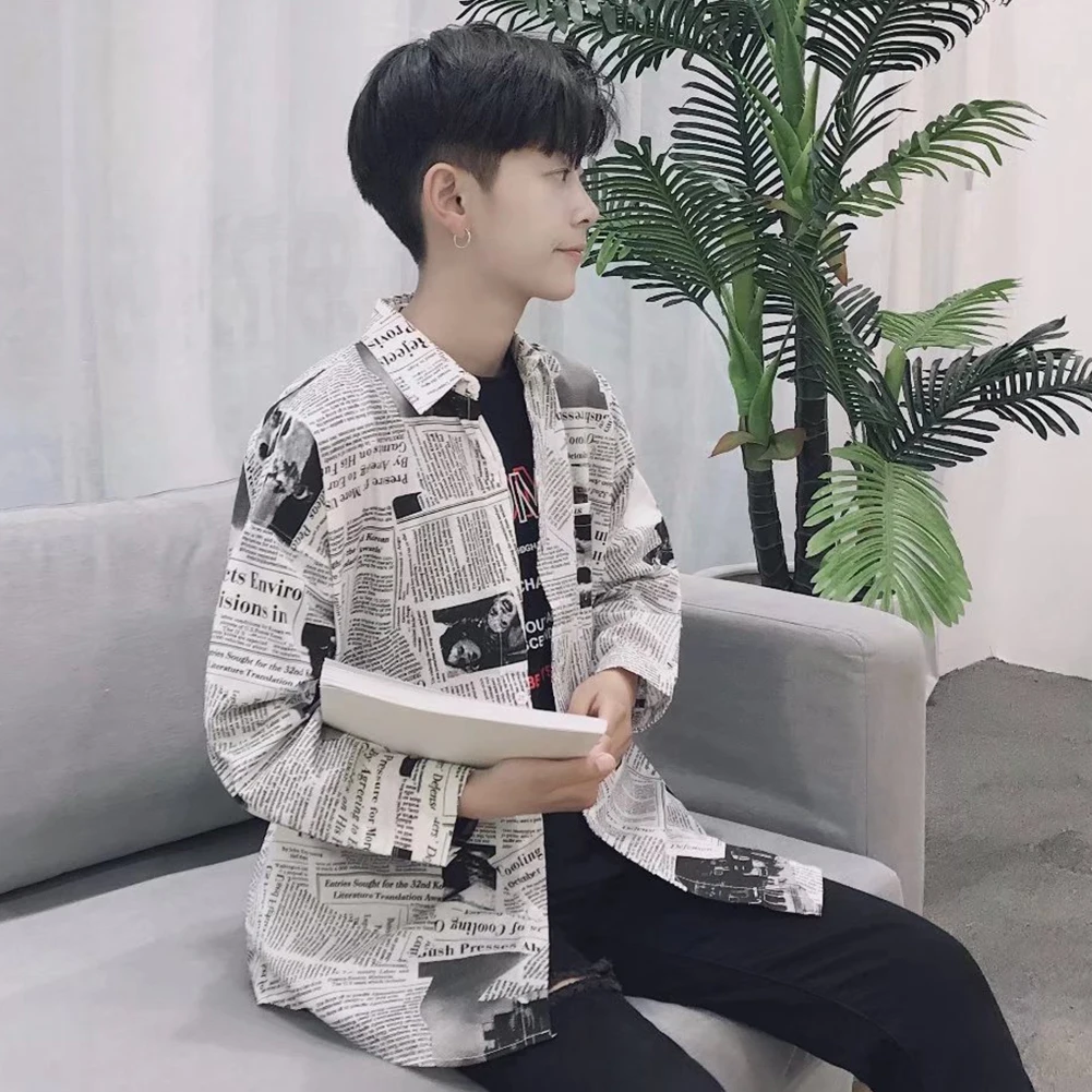 Рубашка мужская приталенная с принтом газет Модный повседневный Топ длинным