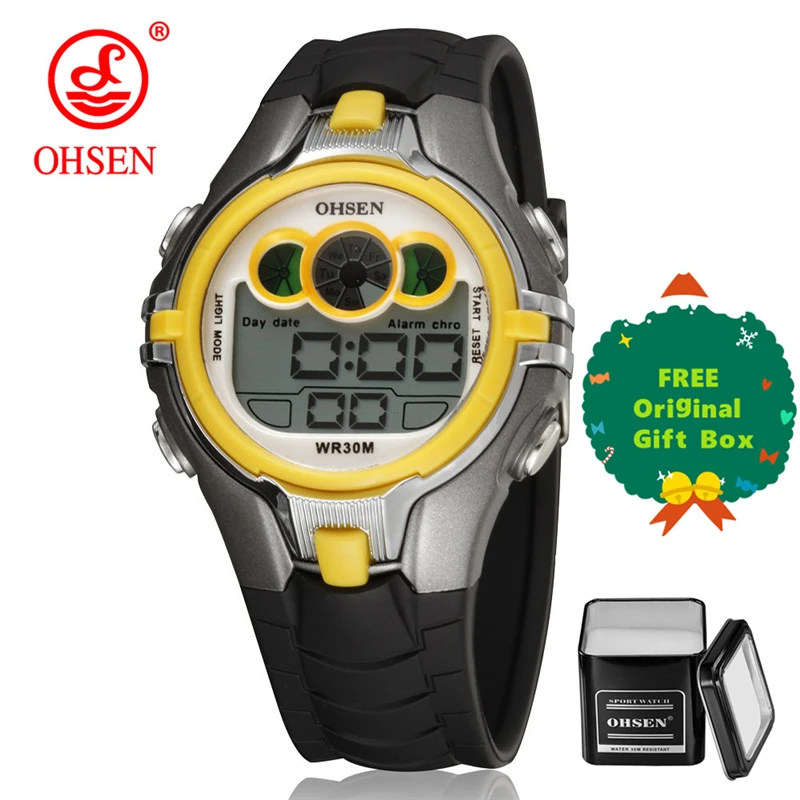 OHSEN Boys Kids Дети Кварцевые спортивные часы Будильник Дата хронографа Светодиодные задние фонари Водонепроницаемые наручные часы Студенческие часы - Цвет: yellow and gift box