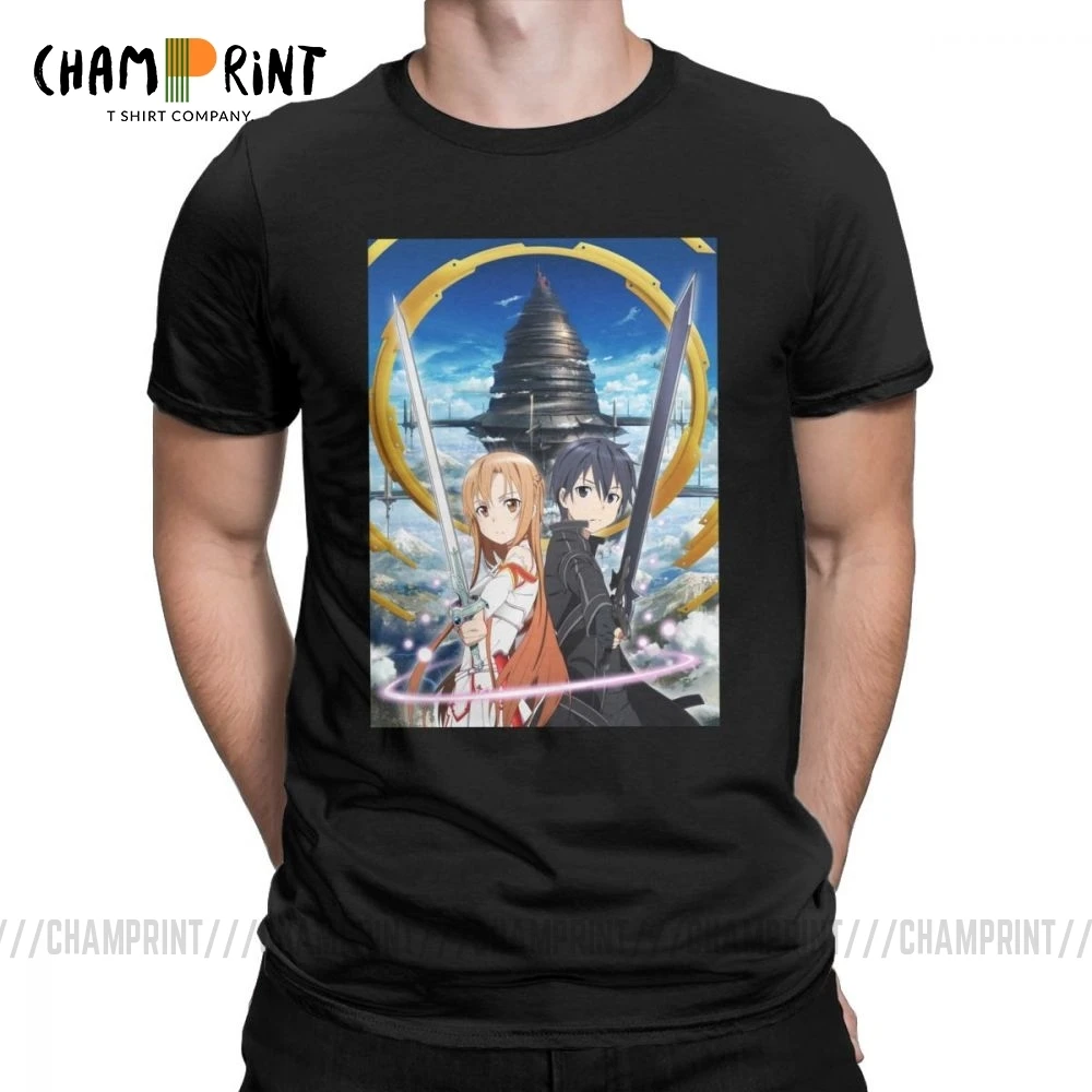 Мужские футболки с изображением меча онлайн модные топы Asuna и Kirito SAO 2019 круглым