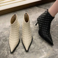 2021 winter luxury women beige high heels plaid ankle boots lady designer soft leather zippers stiletto short boots party shoes