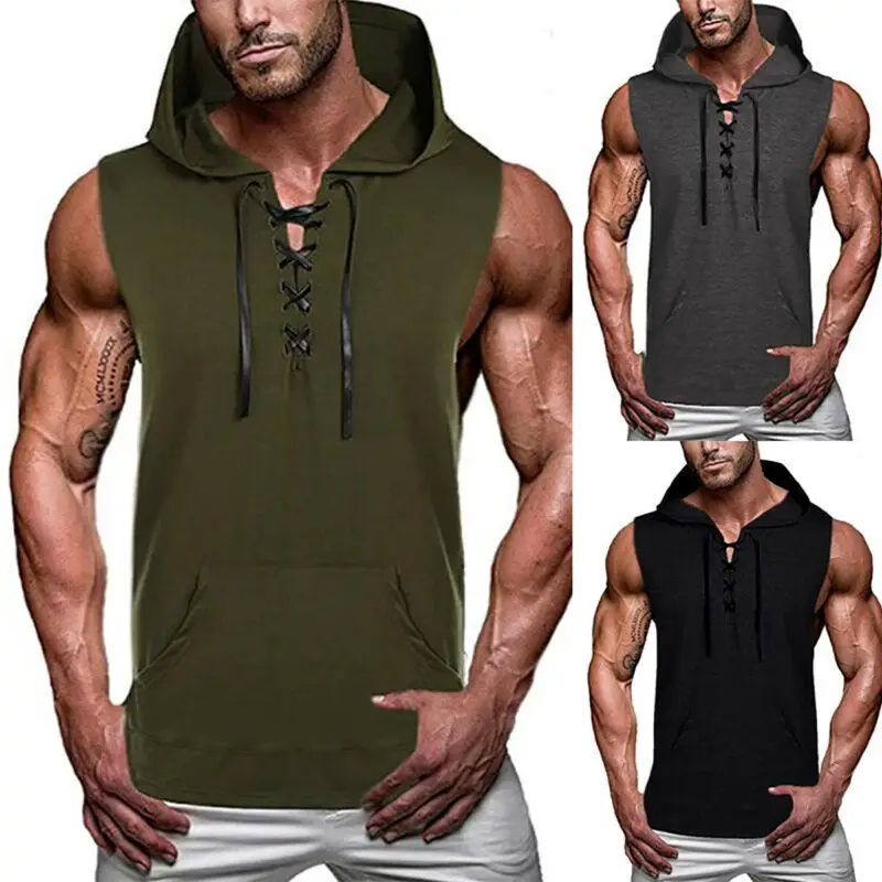 

Drawstring V Neck Men Hooded Shirts Solid Color Sleeveless Tank Tops Male Pocket Vest