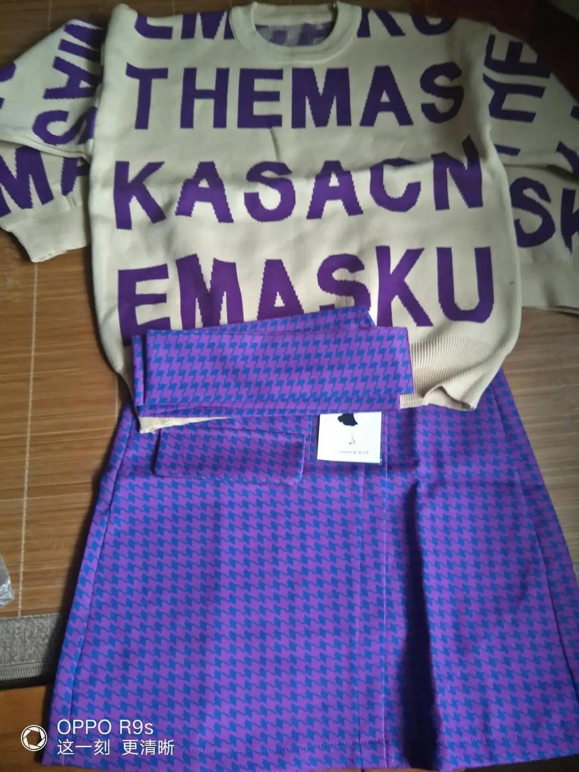 

2 Pieces Clothing Set Women's Purple Letters Loose Knitted Sweaters And Plaid Mini Skirts With Sashes Party Skirt suit NZ110