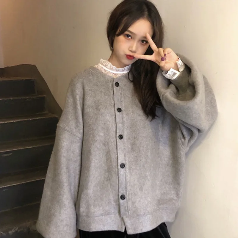 Осенняя женская зимняя Свободная куртка теплая Корейская Harajuku кнопка Готическая