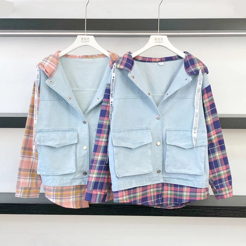 

False Two Pieces Denim Coat Students Casual Tops Spring Hooded Collar Single Breasted Pockets Patched Plaid Jeans Jacket Women