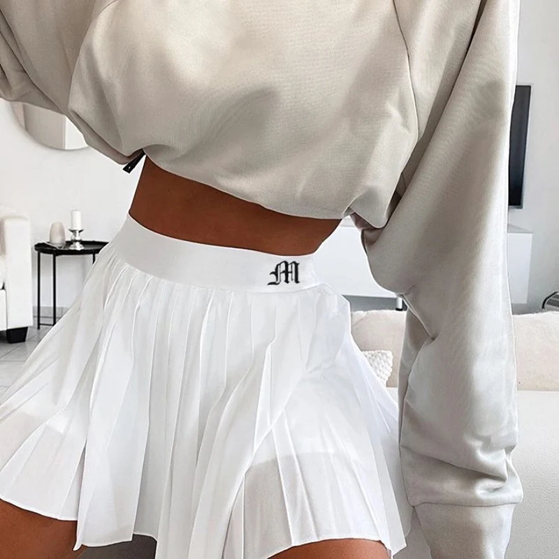 

Waatfaak White Pleated Skirt Short Woman Elastic Waist Mini Skirts Sexy Mircro Summer Embroidery Mini Tennis Skirt New Preppy