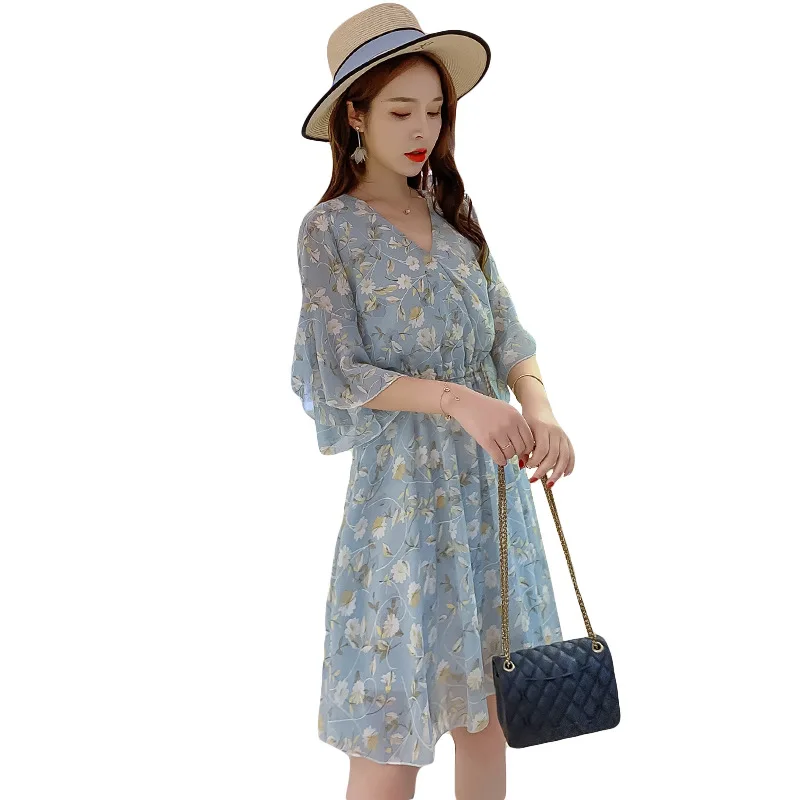 

Chiffon Print Dress Sundresse Summer Fashion 2020 Women Clothing V Neck Elastic Waist Sweet Ruffle Sleeeve Floral Lacing Dress