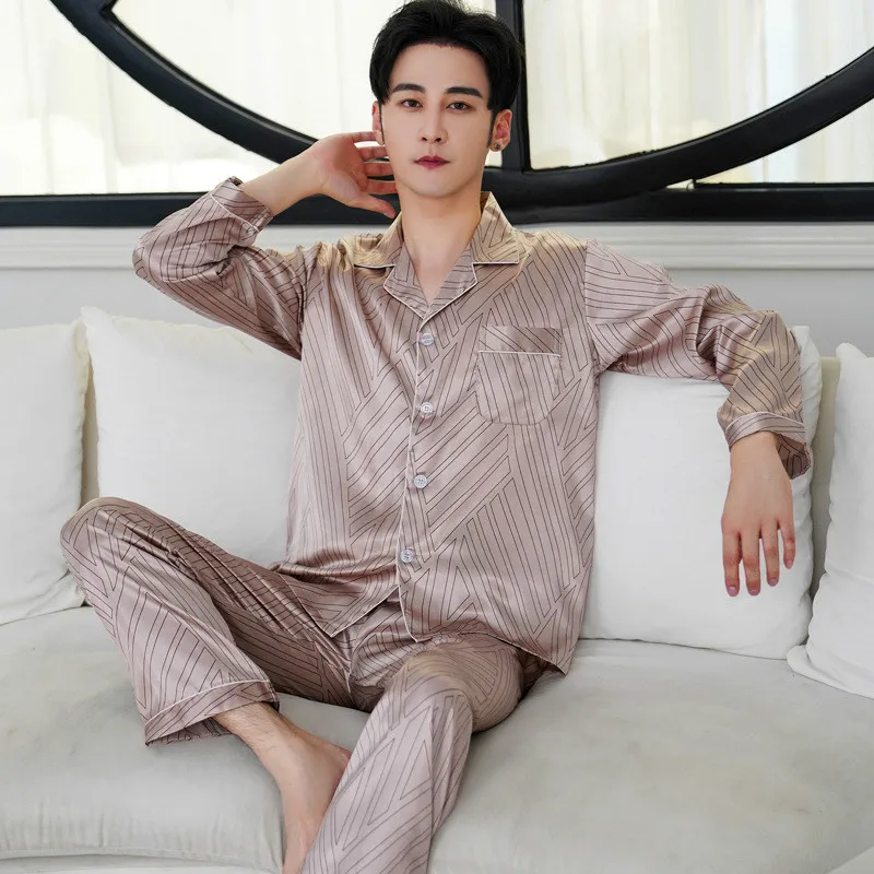 

Pajama Set Imitation Silk Pajamas Men Cozy Soft Long Sleeve Nightgown Tops Trousers Two Pieces Sleepwear Set Pyjamas Home Clothe