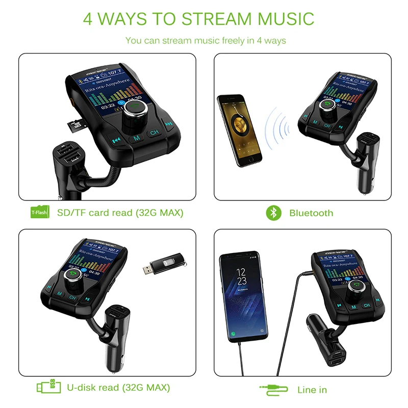 

New Color Screen FM Transmitter Wireless Bluetooth Handsfree Car Kit 360 rotatable Car MP3 Audio with 5V 3.1A Dual USB Charge