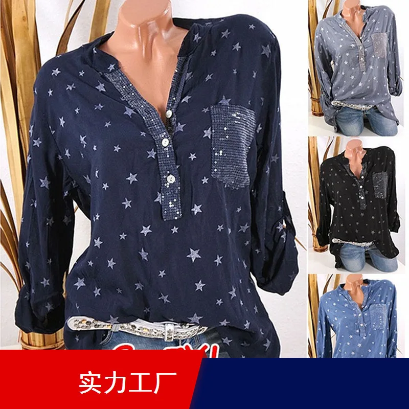 Блузка женская из хлопка и льна с длинным рукавом блестками|Блузки| |