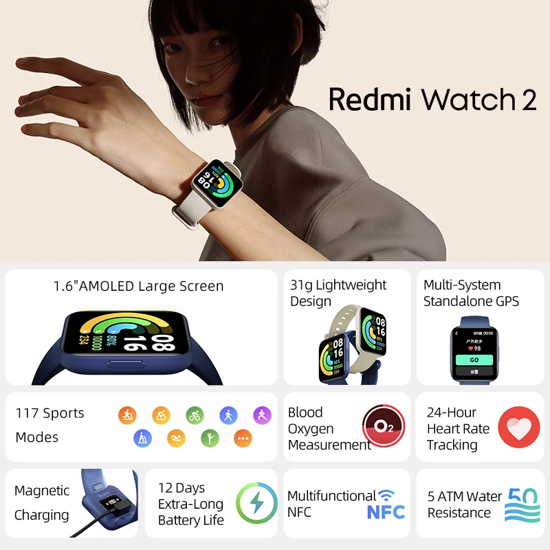 Смарт-часы Xiaomi Redmi Watch 2 1 6 дюйма AMOLED экран SpO2 измерение кислорода в крови пульса